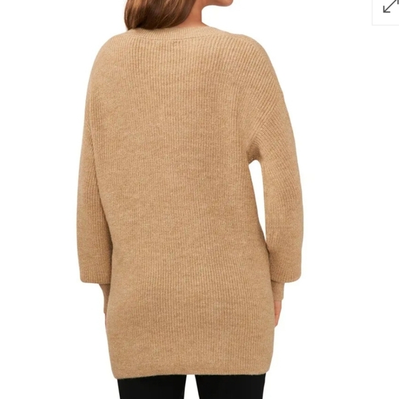 Halogen NWT Women's V-neck Tunic Sweater Extra Long Tan With Gold Shimmer  Sz 1 - Picture 2 of 7